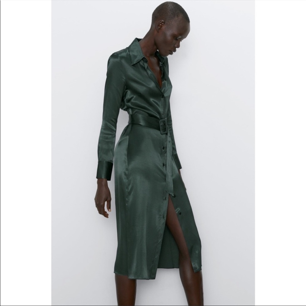 Zara Satin Midi Dress in Deep Green